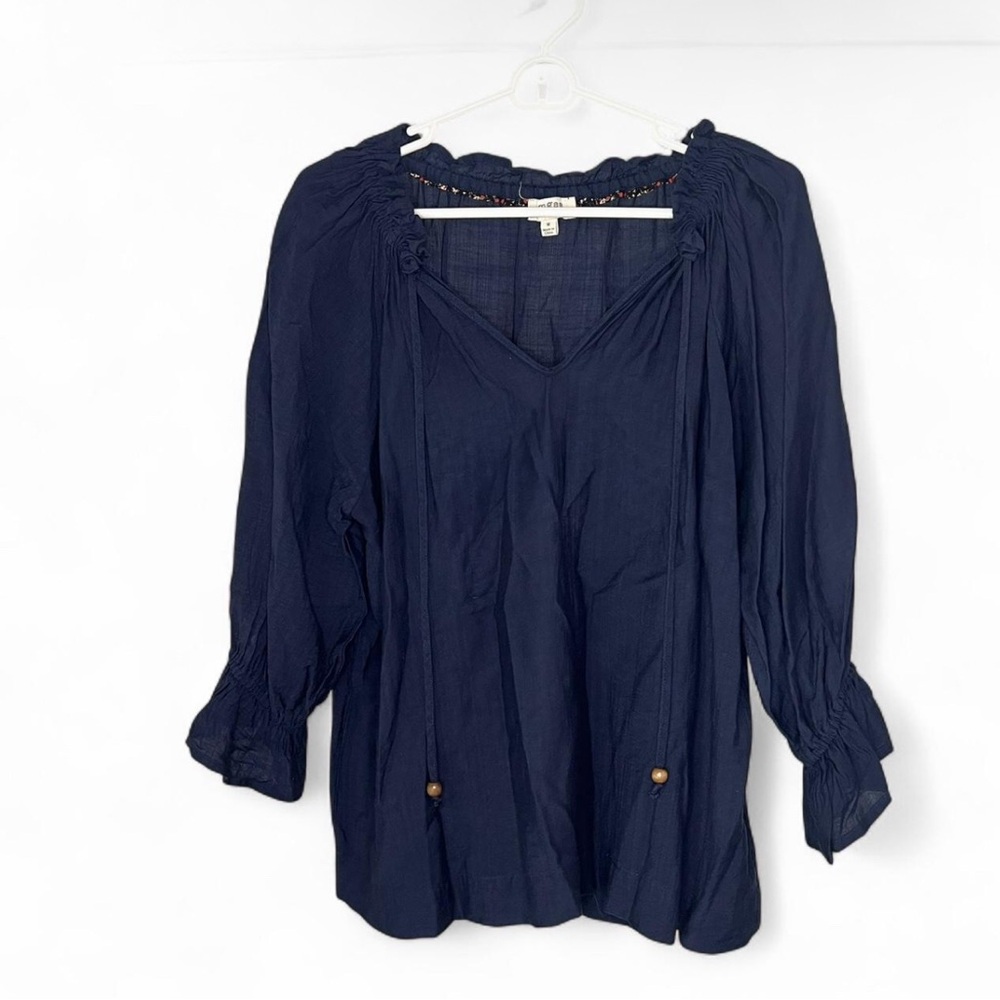 Umgee Navy Blouse with Gathered Sleeves